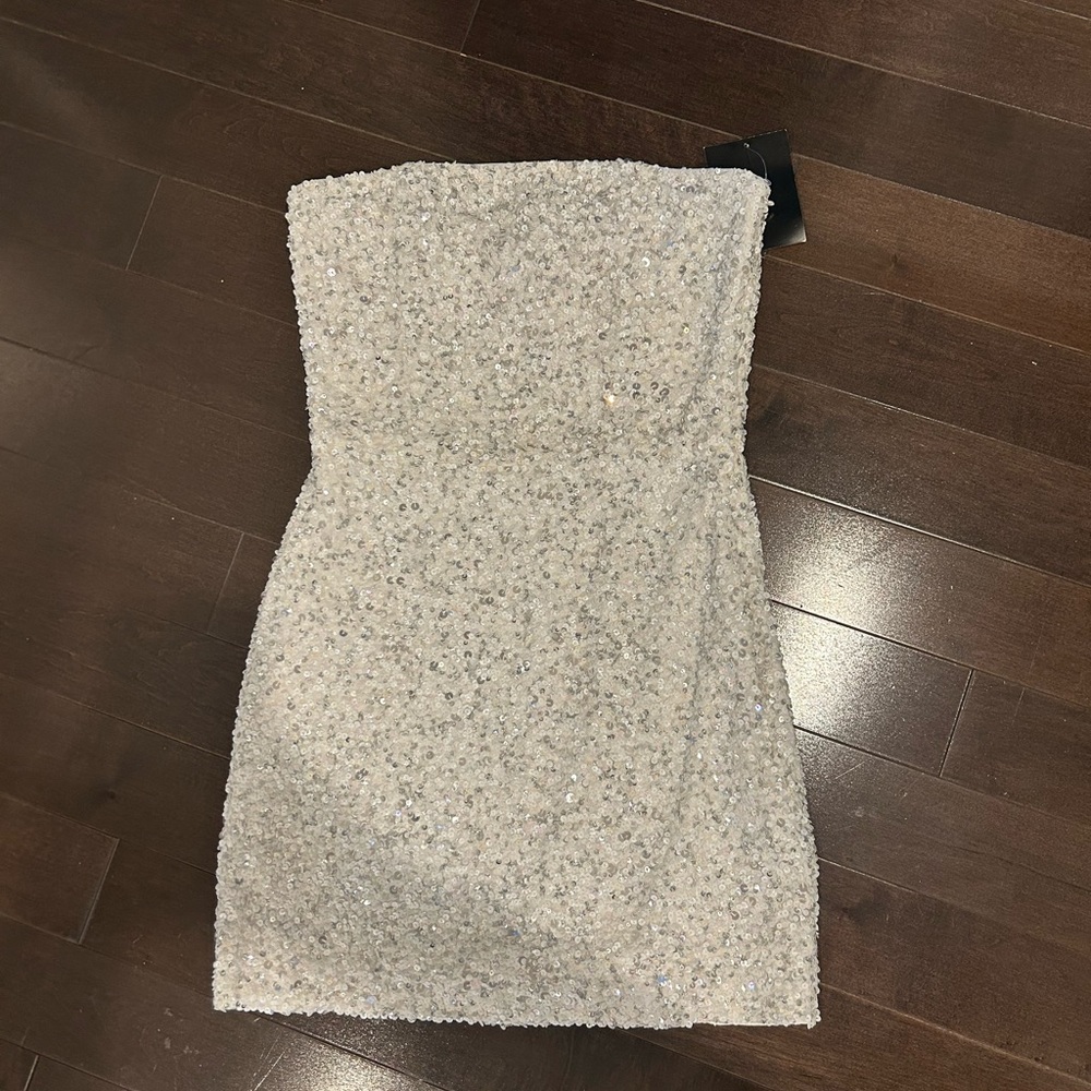 Retrofete Strapless Silver Sequin Dress